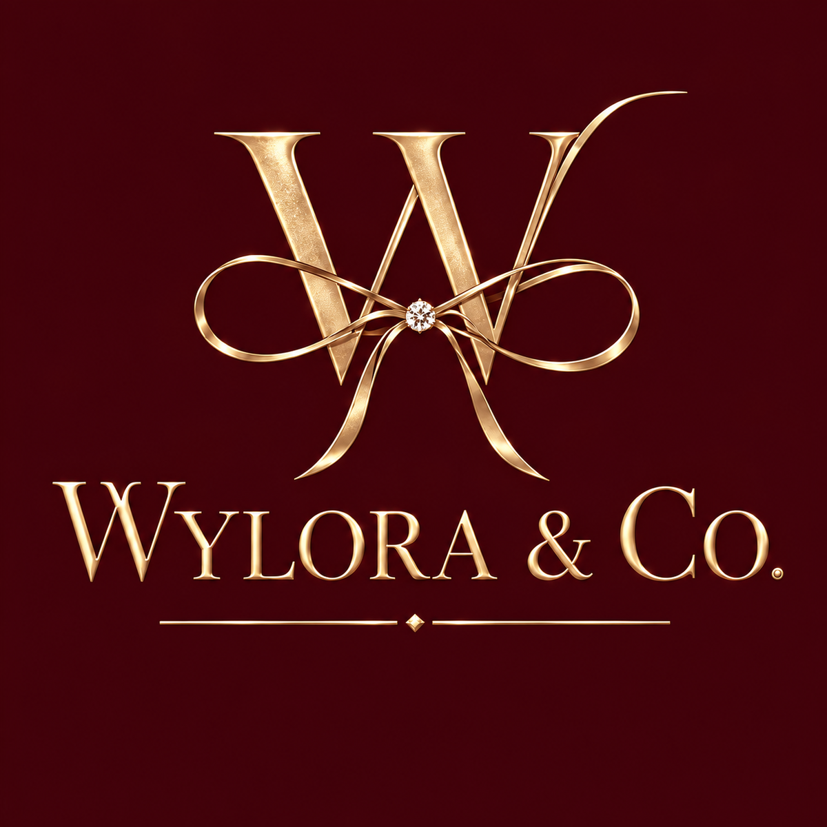 Wylora & Co. approved gold W and ribbon bow logo on burgundy